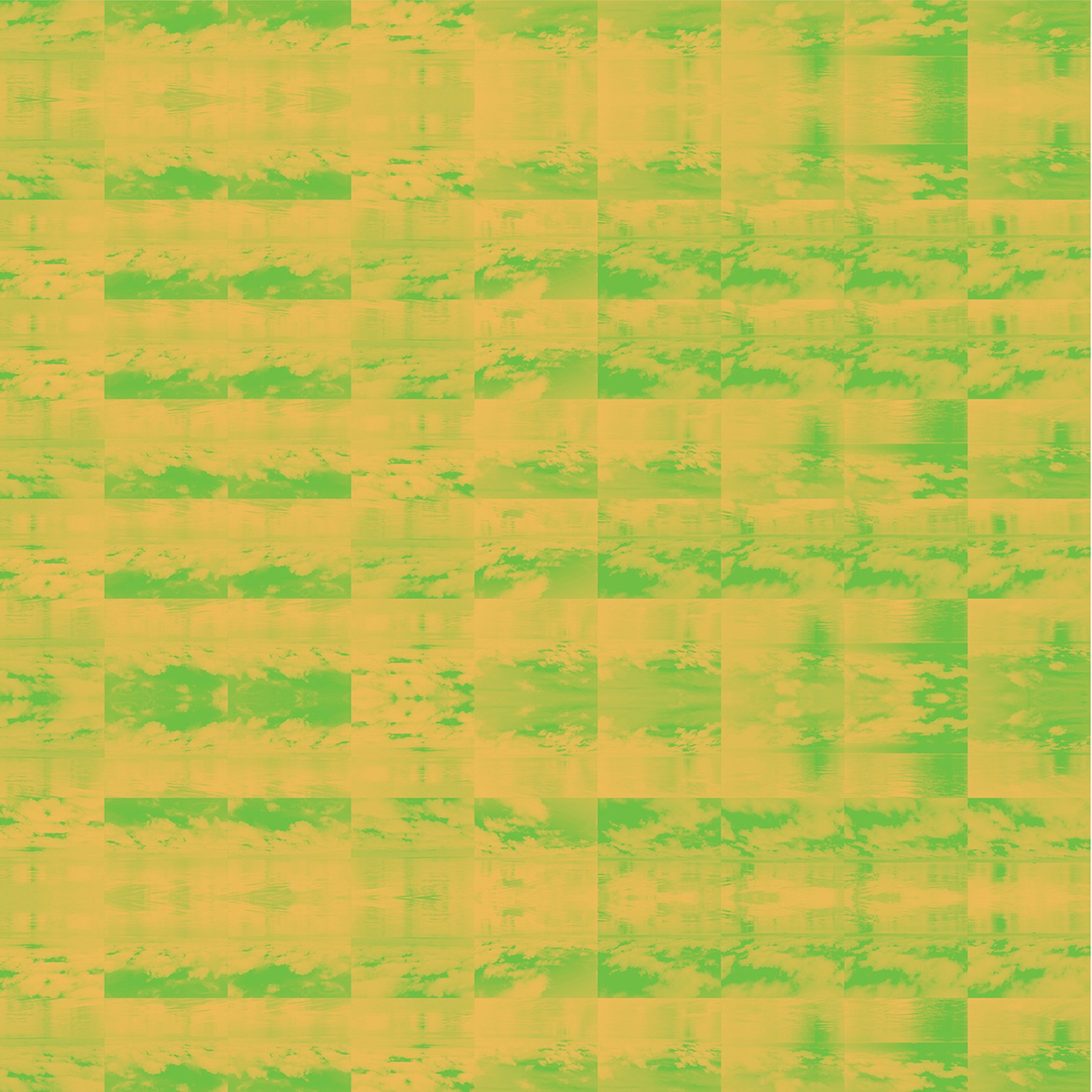 A square panel of gridded cloud photographs over water, tinted gold and green.